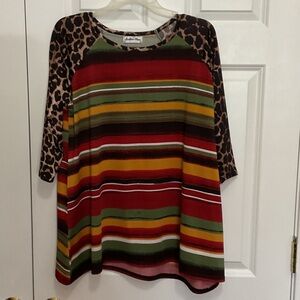 Striped Long Sleeve Top with Leopard Print